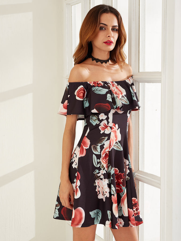 Black Rose Print Off The Shoulder A Line Dress Black Rose Print Off The Shoulder A Line Dress