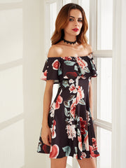 Black Rose Print Off The Shoulder A Line Dress Black Rose Print Off The Shoulder A Line Dress