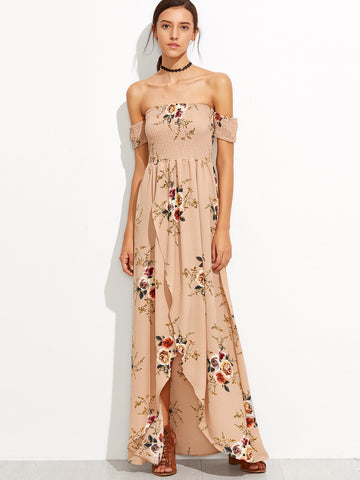 Pink Rose Print Off The Shoulder Wrap Dress