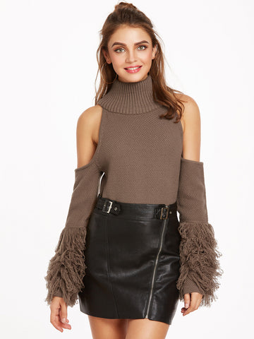 Coffee Turtleneck Cold Shoulder Fringe Sleeve Sweater