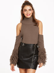 Coffee Turtleneck Cold Shoulder Fringe Sleeve Sweater Coffee Turtleneck Cold Shoulder Fringe Sleeve Sweater