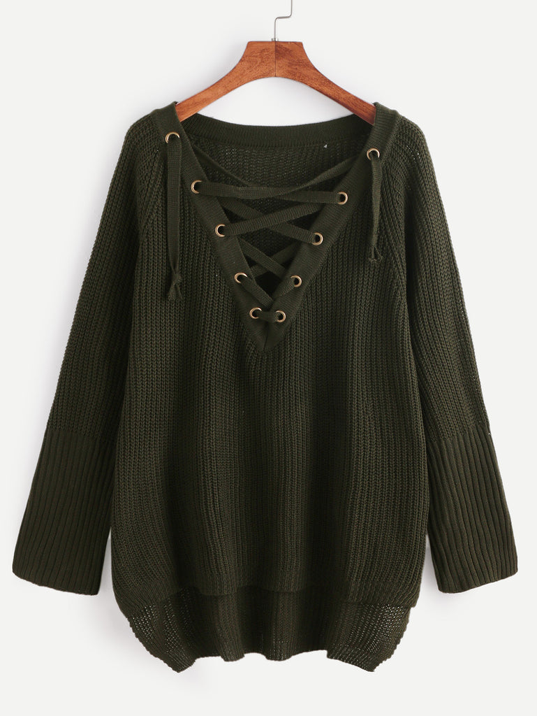Dark Green Eyelet Lace Up High Low Sweater Dark Green Eyelet Lace Up High Low Sweater