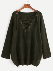 Dark Green Eyelet Lace Up High Low Sweater Dark Green Eyelet Lace Up High Low Sweater