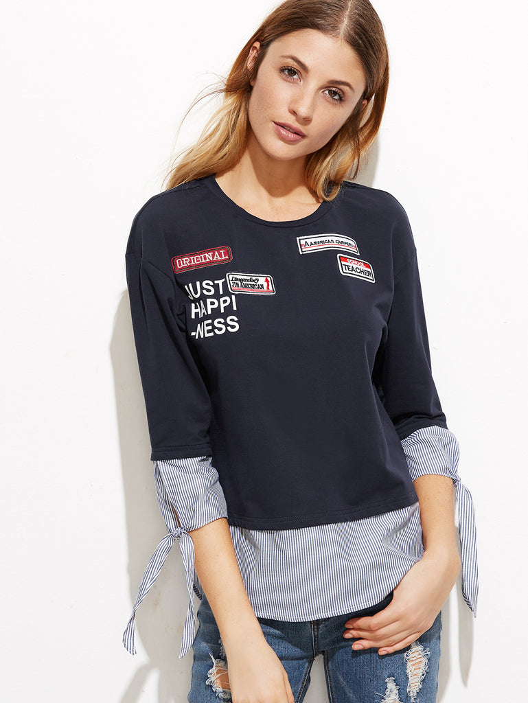 Navy Striped Trim Tie Sleeve T-shirt With Patch Detail Navy Striped Trim Tie Sleeve T-shirt With Patch Detail