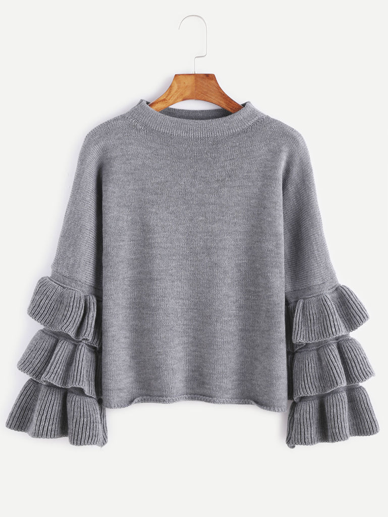 Grey Layered Ruffle Sleeve Pullover Sweater Grey Layered Ruffle Sleeve Pullover Sweater