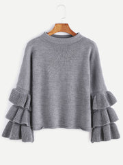 Grey Layered Ruffle Sleeve Pullover Sweater Grey Layered Ruffle Sleeve Pullover Sweater