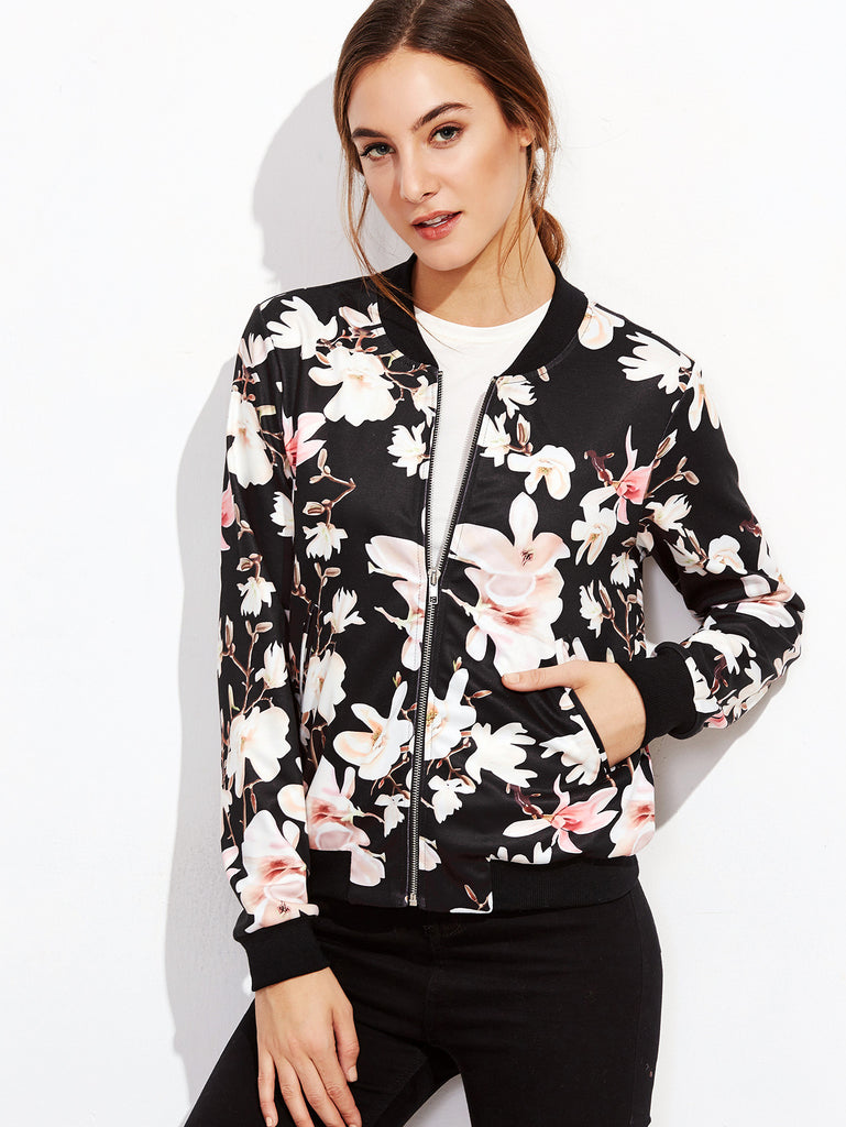 Black Flower Print Zip Up Bomber Jacket Black Flower Print Zip Up Bomber Jacket