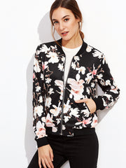 Black Flower Print Zip Up Bomber Jacket Black Flower Print Zip Up Bomber Jacket