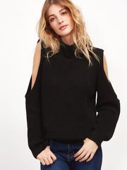 Black Turtleneck Open Shoulder Ribbed Knit Sweater Black Turtleneck Open Shoulder Ribbed Knit Sweater