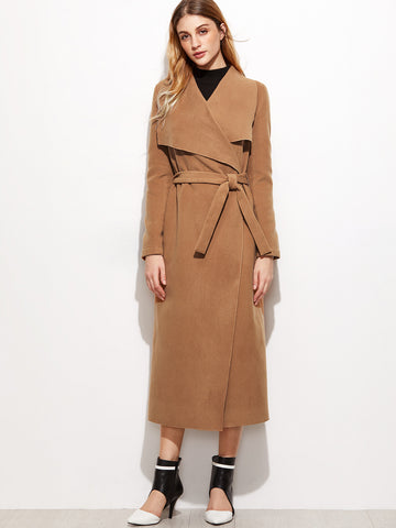 Camel Drape Collar Longline Wrap Coat