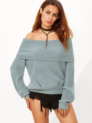 Green Foldover Off The Shoulder Sweater