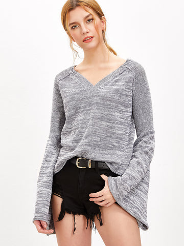 Grey Marled Knit Bell Sleeve Sweater