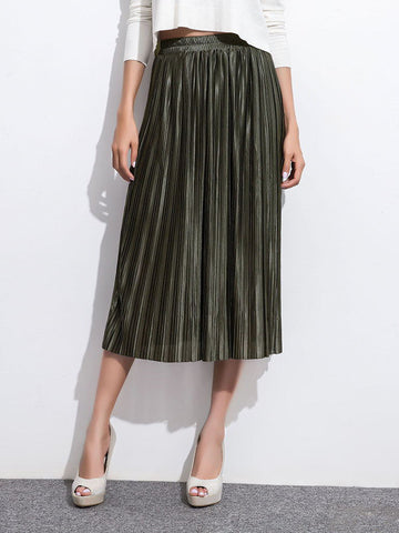 Army Green Elastic Waist Pleated Skirt - papaya-fashion