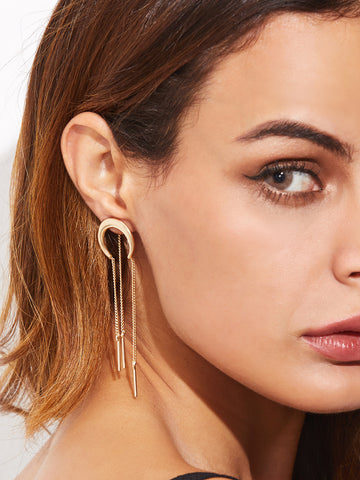 Gold Plated Moon Design Chain Tassel Single Earring - papaya-fashion