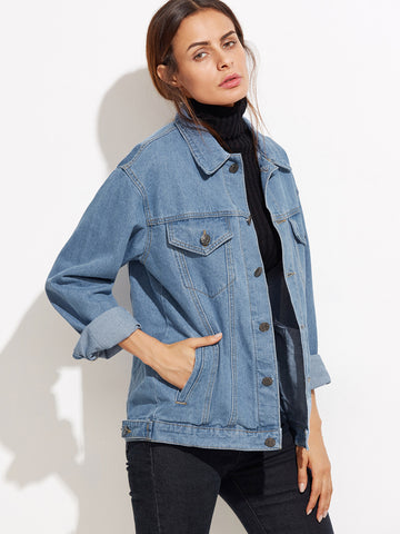 Blue Button Front Pockets Denim Jacket - papaya-fashion