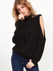 Black Turtleneck Open Shoulder Ribbed Knit Sweater - papaya-fashion Black Turtleneck Open Shoulder Ribbed Knit Sweater - papaya-fashion