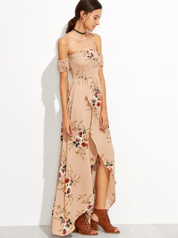 Pink Rose Print Off The Shoulder Wrap Dress - papaya-fashion