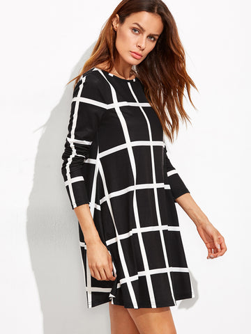Black Grid Long Sleeve Swing Dress - papaya-fashion