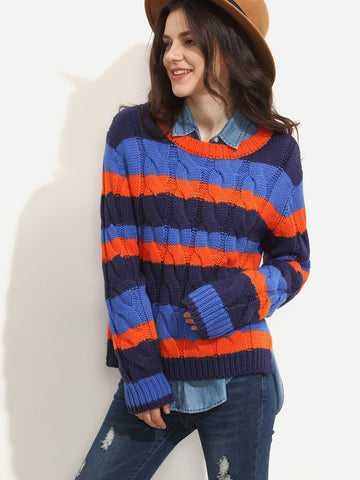 Multicolor Stripe Cable-knit Long Sleeve Sweater - papaya-fashion