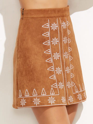 Camel Suede Embroidered A Line Skirt - papaya-fashion