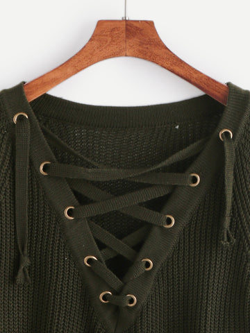 Dark Green Eyelet Lace Up High Low Sweater - papaya-fashion