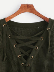 Dark Green Eyelet Lace Up High Low Sweater Dark Green Eyelet Lace Up High Low Sweater