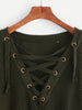 Dark Green Eyelet Lace Up High Low Sweater - papaya-fashion Dark Green Eyelet Lace Up High Low Sweater - papaya-fashion