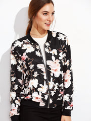Black Flower Print Zip Up Bomber Jacket Black Flower Print Zip Up Bomber Jacket