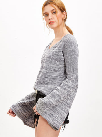 Grey Marled Knit Bell Sleeve Sweater - papaya-fashion