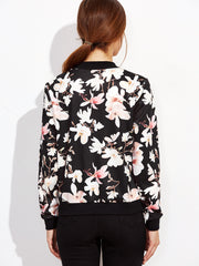 Black Flower Print Zip Up Bomber Jacket Black Flower Print Zip Up Bomber Jacket