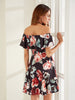 Black Rose Print Off The Shoulder A Line Dress - papaya-fashion Black Rose Print Off The Shoulder A Line Dress - papaya-fashion