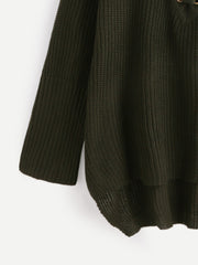 Dark Green Eyelet Lace Up High Low Sweater Dark Green Eyelet Lace Up High Low Sweater