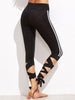 Black Striped Sideseam Crop Leggings With Lace Up Detail - papaya-fashion Black Striped Sideseam Crop Leggings With Lace Up Detail - papaya-fashion