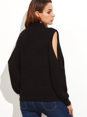 Black Turtleneck Open Shoulder Ribbed Knit Sweater Black Turtleneck Open Shoulder Ribbed Knit Sweater
