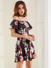 Black Rose Print Off The Shoulder A Line Dress Black Rose Print Off The Shoulder A Line Dress