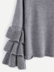 Grey Layered Ruffle Sleeve Pullover Sweater