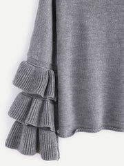 Grey Layered Ruffle Sleeve Pullover Sweater Grey Layered Ruffle Sleeve Pullover Sweater