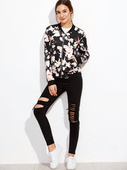 Black Flower Print Zip Up Bomber Jacket Black Flower Print Zip Up Bomber Jacket