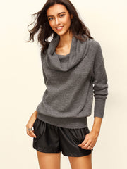 Grey Convertible Neck Long Sleeve Knitted T-shirt Grey Convertible Neck Long Sleeve Knitted T-shirt