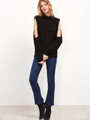 Black Turtleneck Open Shoulder Ribbed Knit Sweater Black Turtleneck Open Shoulder Ribbed Knit Sweater