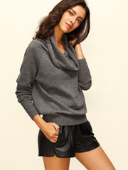 Grey Convertible Neck Long Sleeve Knitted T-shirt Grey Convertible Neck Long Sleeve Knitted T-shirt