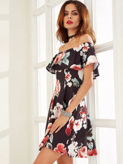 Black Rose Print Off The Shoulder A Line Dress Black Rose Print Off The Shoulder A Line Dress