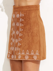 Camel Suede Embroidered A Line Skirt Camel Suede Embroidered A Line Skirt