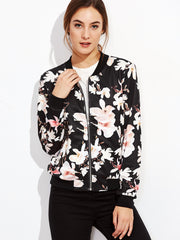 Black Flower Print Zip Up Bomber Jacket Black Flower Print Zip Up Bomber Jacket