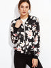 Black Flower Print Zip Up Bomber Jacket - papaya-fashion Black Flower Print Zip Up Bomber Jacket - papaya-fashion
