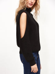 Black Turtleneck Open Shoulder Ribbed Knit Sweater Black Turtleneck Open Shoulder Ribbed Knit Sweater