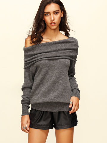 Grey Convertible Neck Long Sleeve Knitted T-shirt