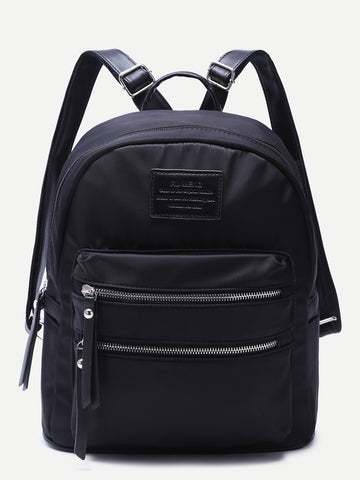 Black Double Zipper Front Nylon Backpack