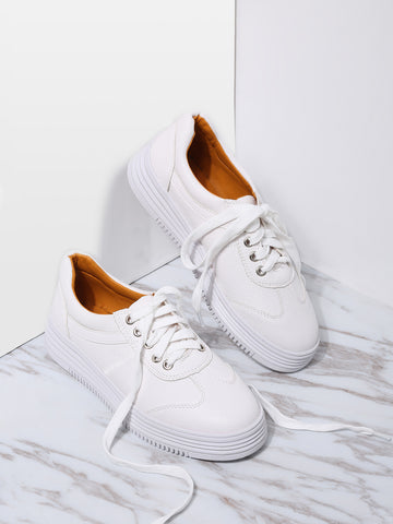 White PU Rubber Sole Low Top Sneakers