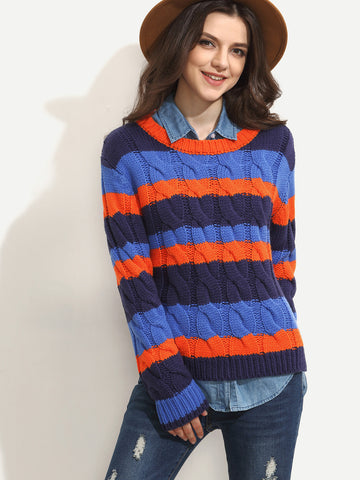 Multicolor Stripe Cable-knit Long Sleeve Sweater